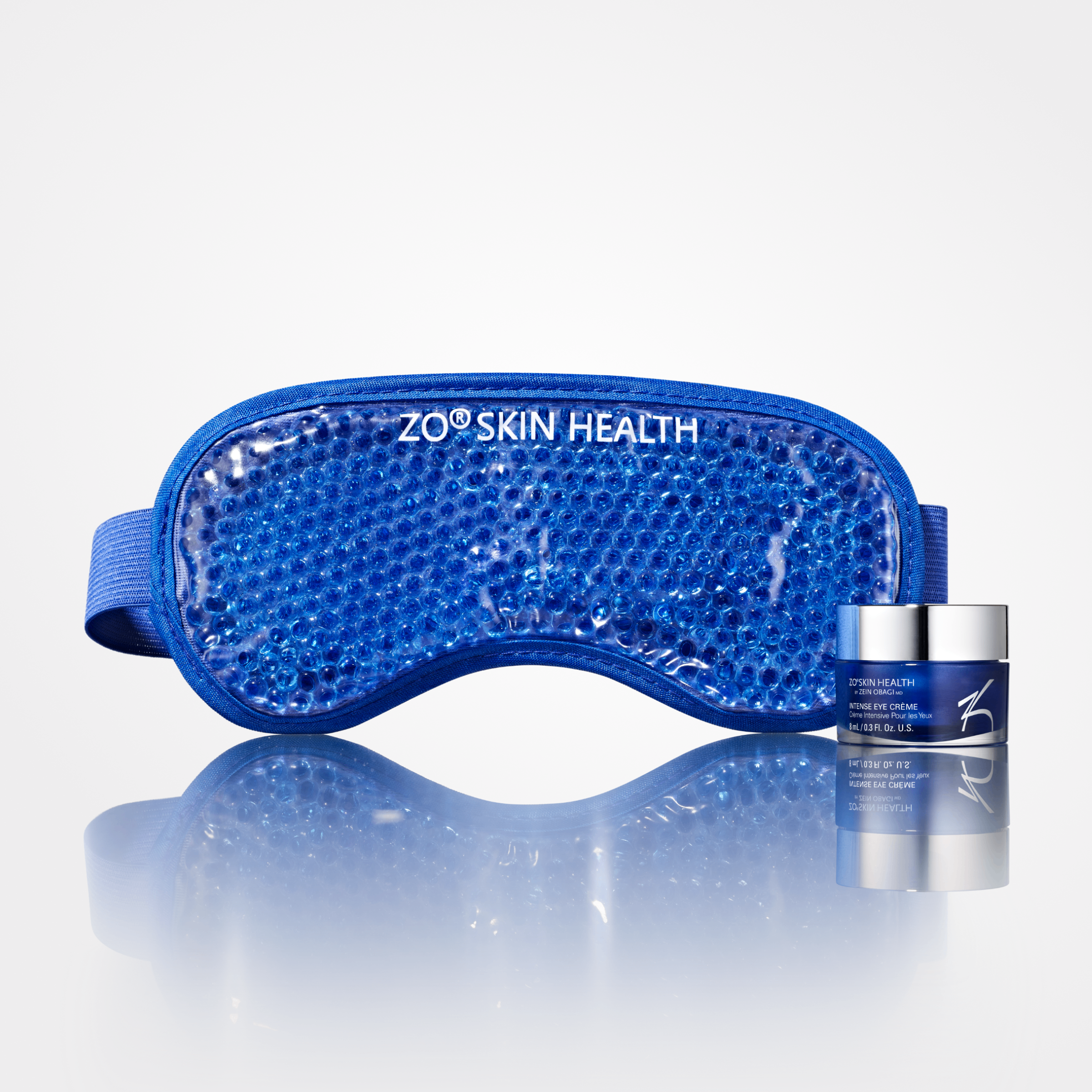 ZO Skin Health Deluxe Travel Intense Eye and ZO Eye Mask kit featuring skincare products in travel-sized containers