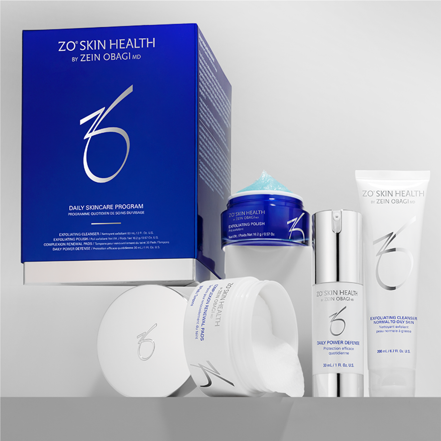 ZO Skin Health Daily Skincare Program kit with cleansers, serums, and moisturizers in sleek packaging by wedoskin.