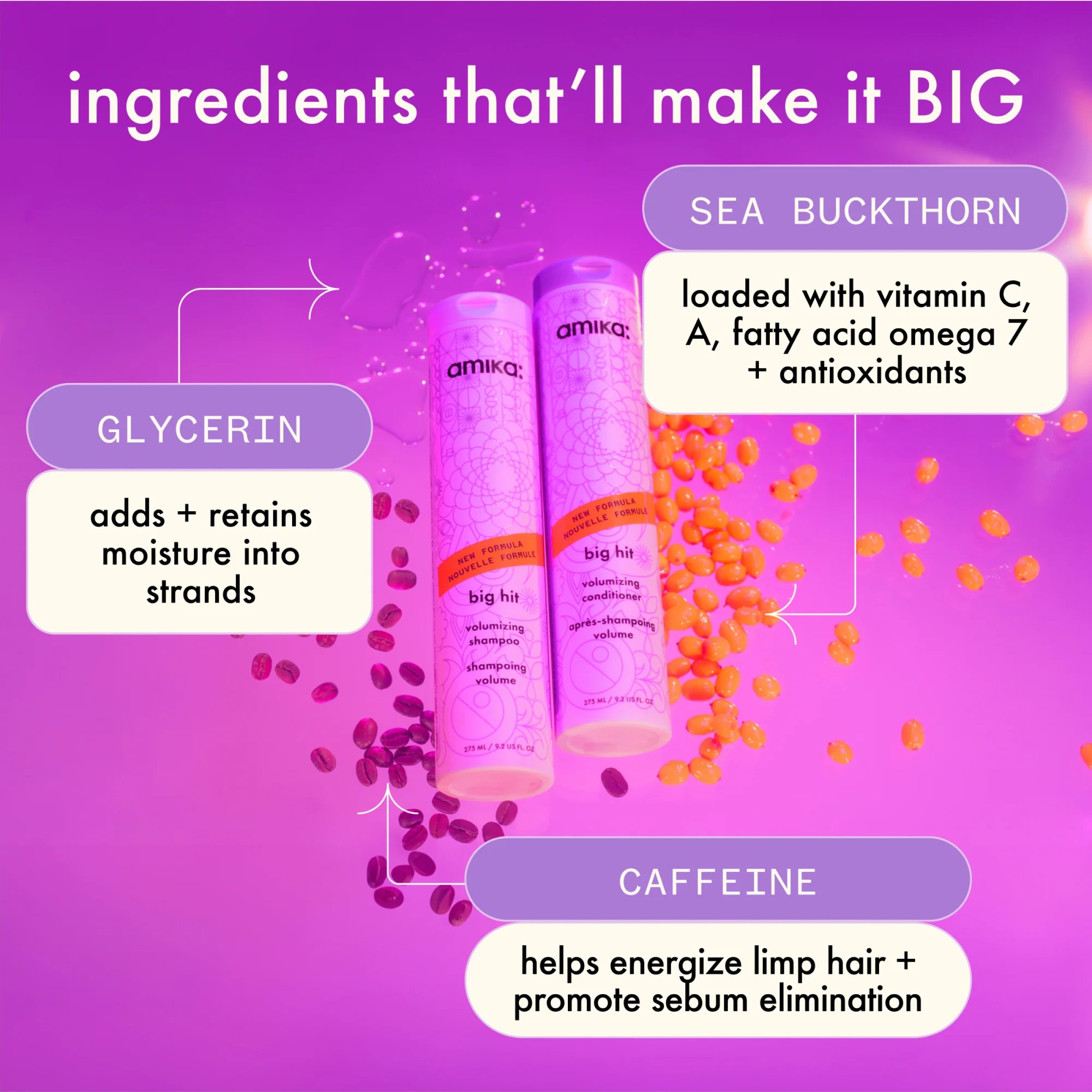 Amika Big Hit Volumizing Shampoo bottle with ingredient list, showcasing a sleek design and product details.