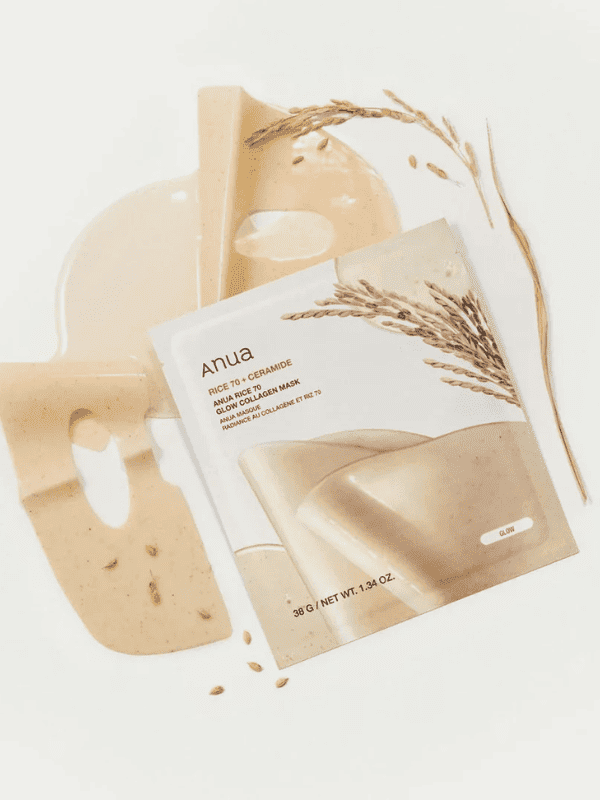 Anua Rice 70 Glow Collagen Mask by Lakinza, a Korean skincare mask with rice extract and collagen for radiant skin.
