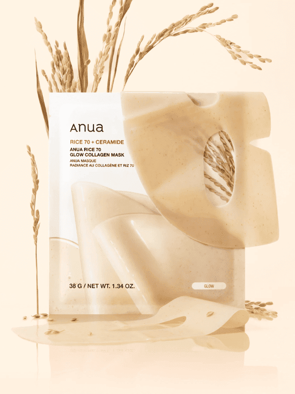 Anua Rice 70 Glow Collagen Mask by Lakinza, a Korean skincare mask showing its packaging and product details.