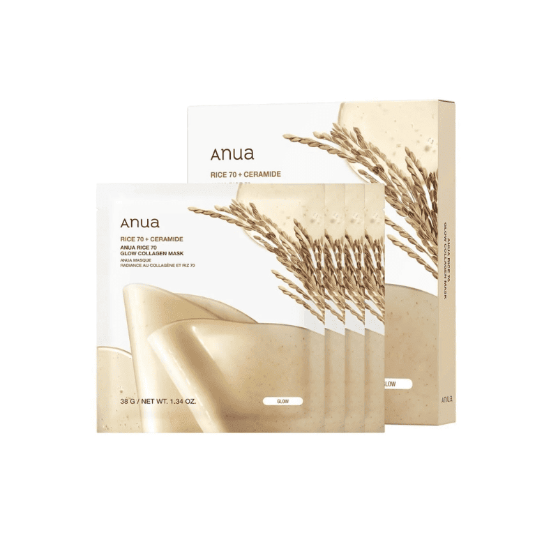 Anua Rice 70 Glow Collagen Mask by Lakinza, Korean skincare mask with rice and collagen for brightening and hydration.