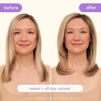 Amika Big Hit Volumizing Conditioner bottle showing before and after hair volume comparison, with sleek packaging and product label.