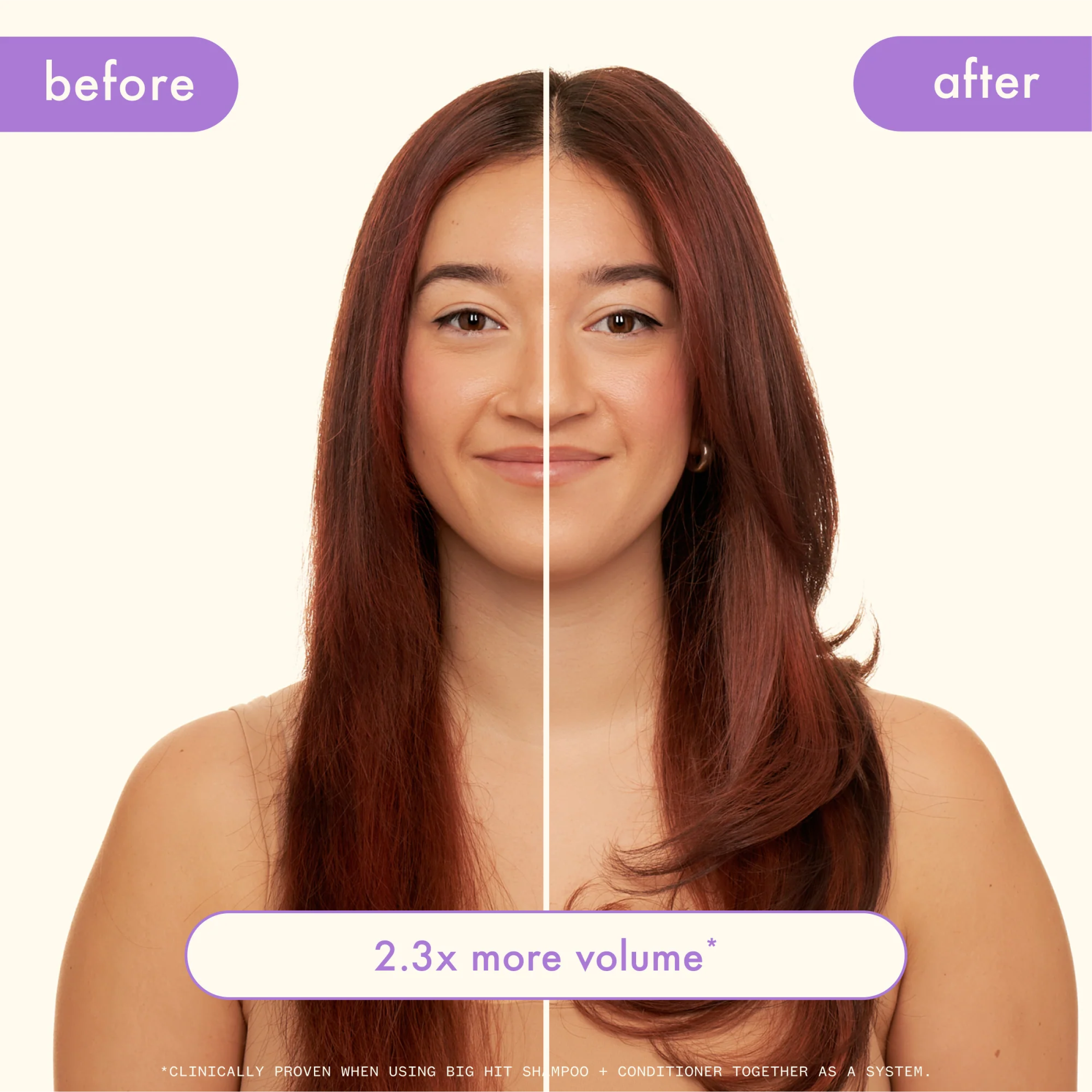 Before and after images of wedoskin Amika Big Hit Volumizing Conditioner showing increased hair volume and improved hair texture.