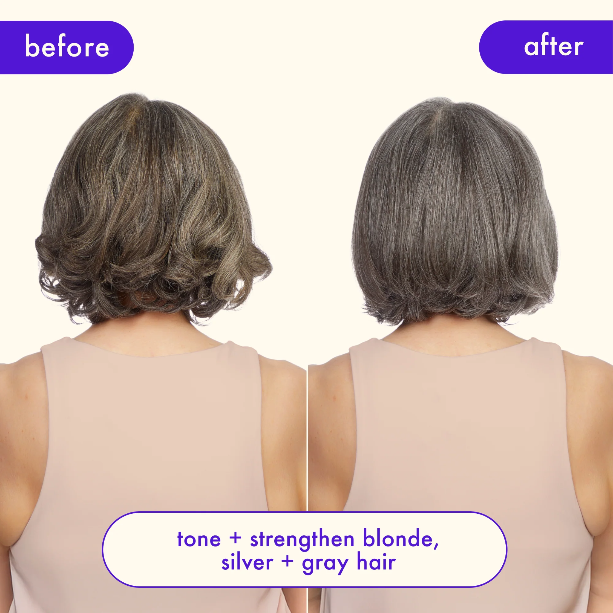 Wedoskin Amika Bust Your Brass Cool Blonde Strength Repair Conditioner with before-and-after image showing hair repair results