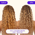 Wedoskin Amika Bust Your Brass Cool Blonde Strength Repair Conditioner bottle and before-and-after images showing hair repair results