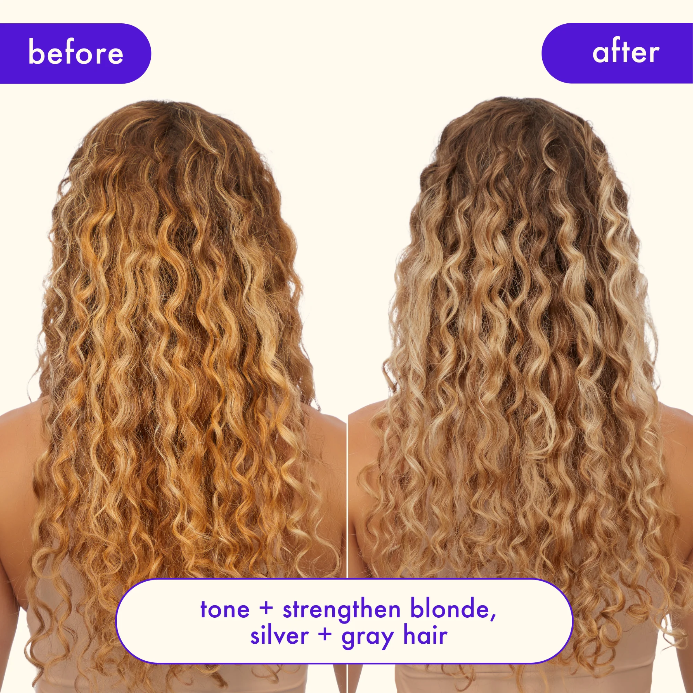 Wedoskin Amika Bust Your Brass Cool Blonde Strength Repair Conditioner bottle and before-and-after images showing hair repair results