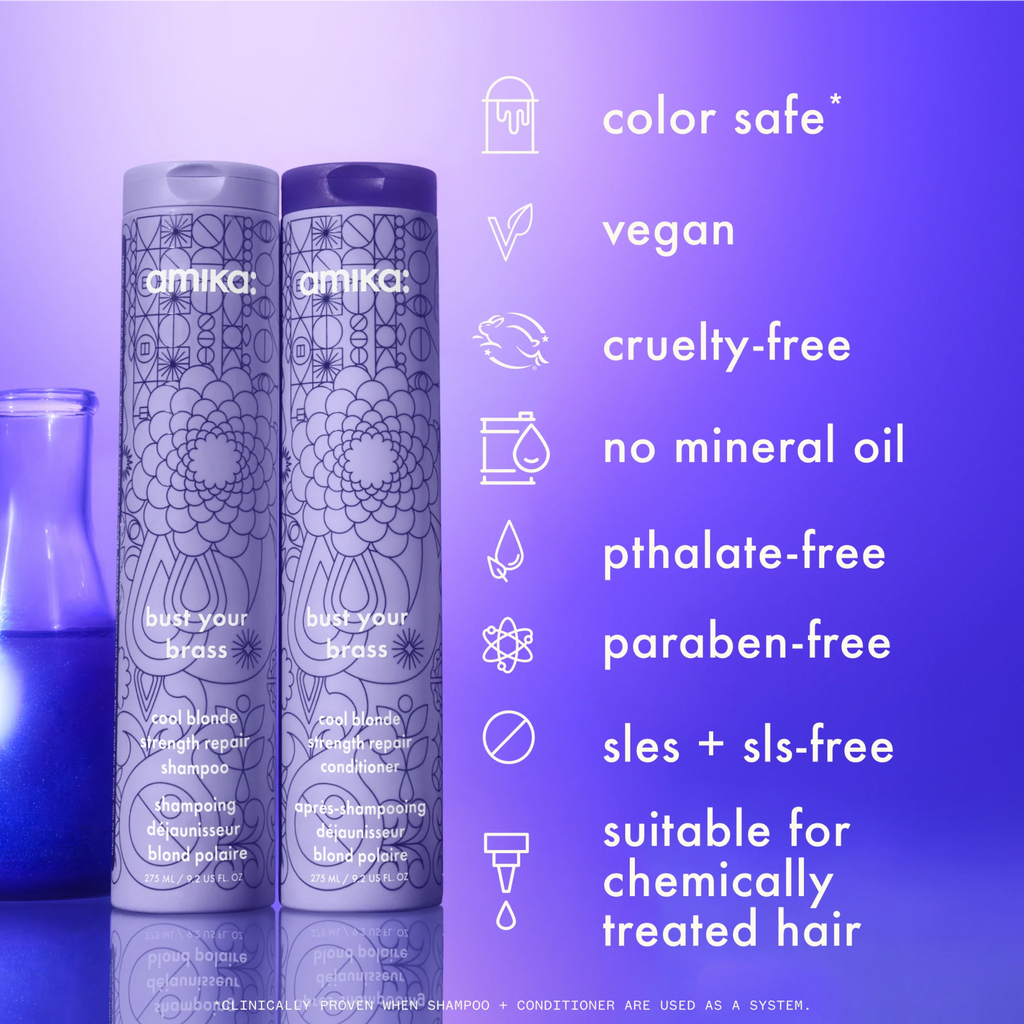 Wedoskin Amika Bust Your Brass Cool Blonde Strength Repair Conditioner bottle with label and pump for damaged, color-treated blonde hair.