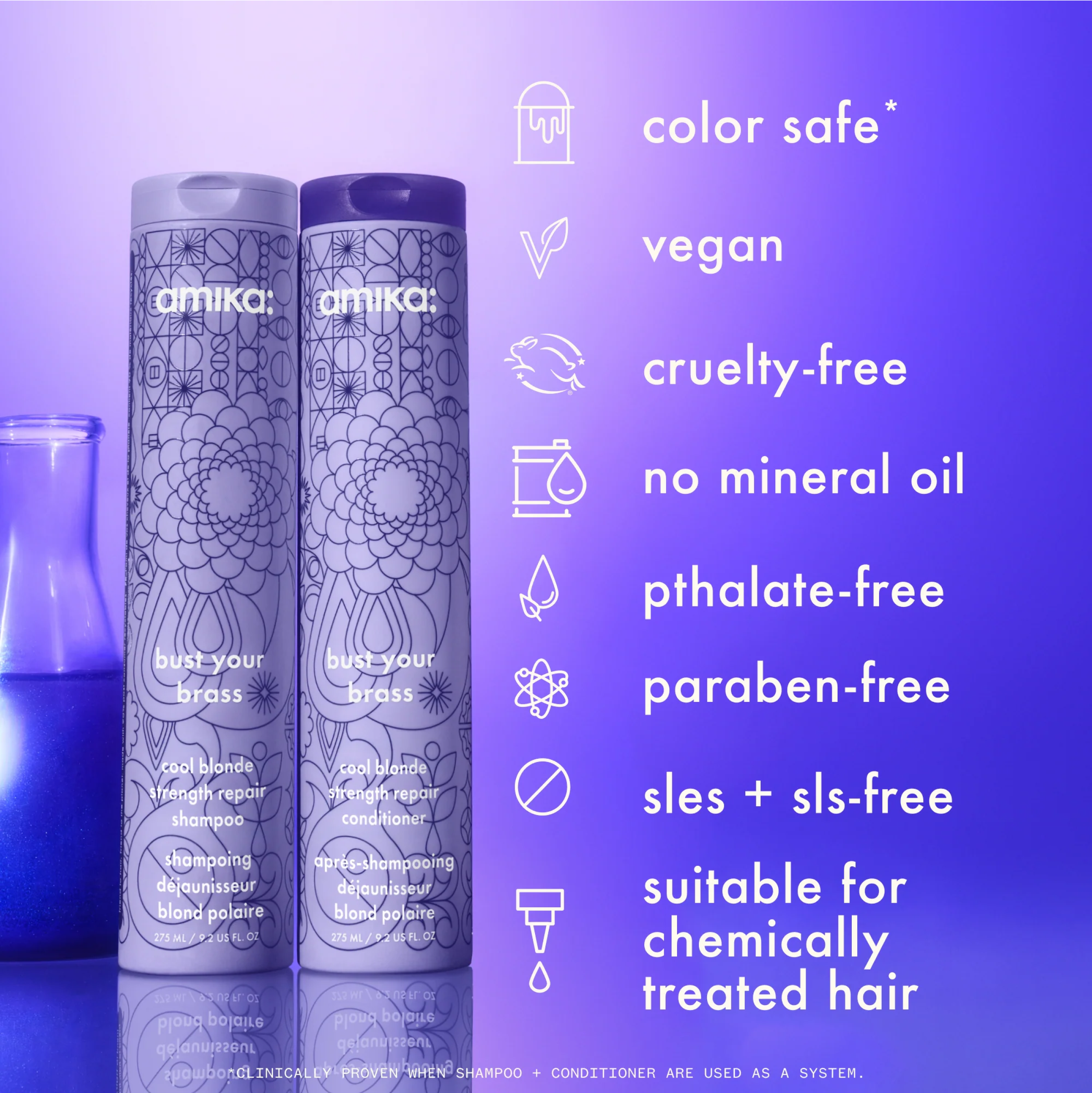 Wedoskin Amika Bust Your Brass Cool Blonde Strength Repair Conditioner bottle with label and pump for damaged, color-treated blonde hair.