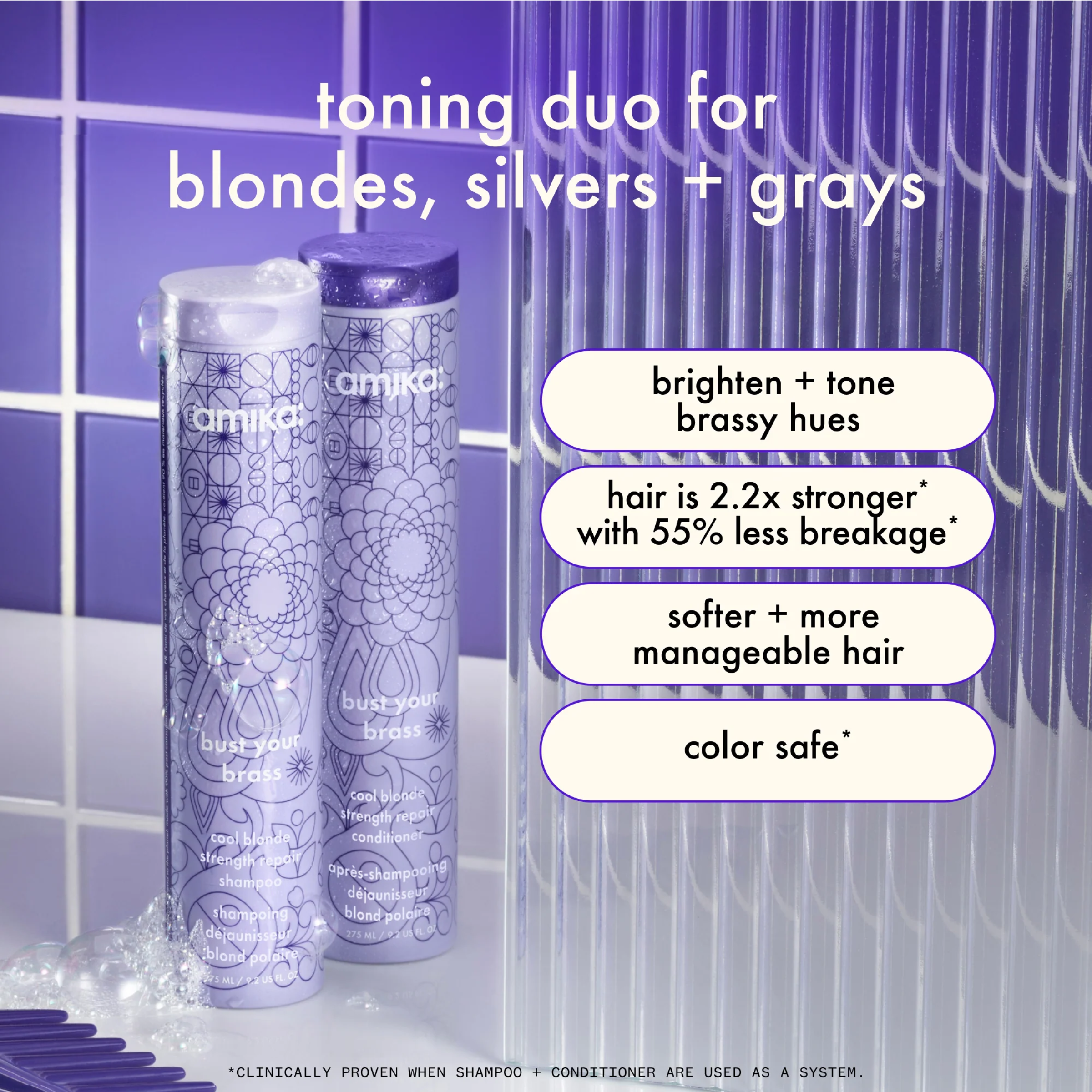 Wedoskin Amika Bust Your Brass Cool Blonde Strength Repair Conditioner bottle with blue and silver packaging, designed for toning blond hair.
