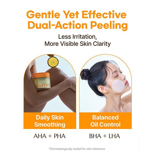 Lakinza ClearDea Mild Dual Peeling Pad mask with 50 pads in a 140ml container, designed for gentle skin exfoliation and renewal.