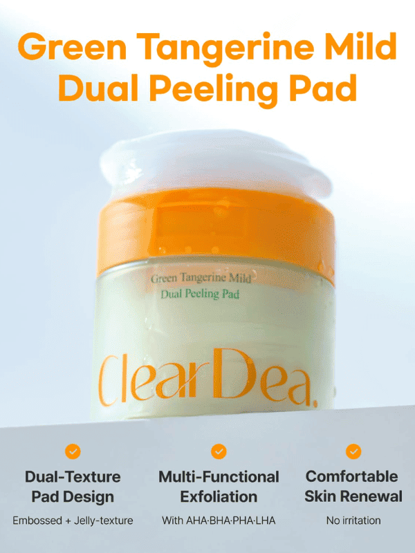 Lakinza ClearDea Mild Dual Peeling Pad mask with 50 pads in a 140ml jar, used for gentle exfoliation and skin renewal.
