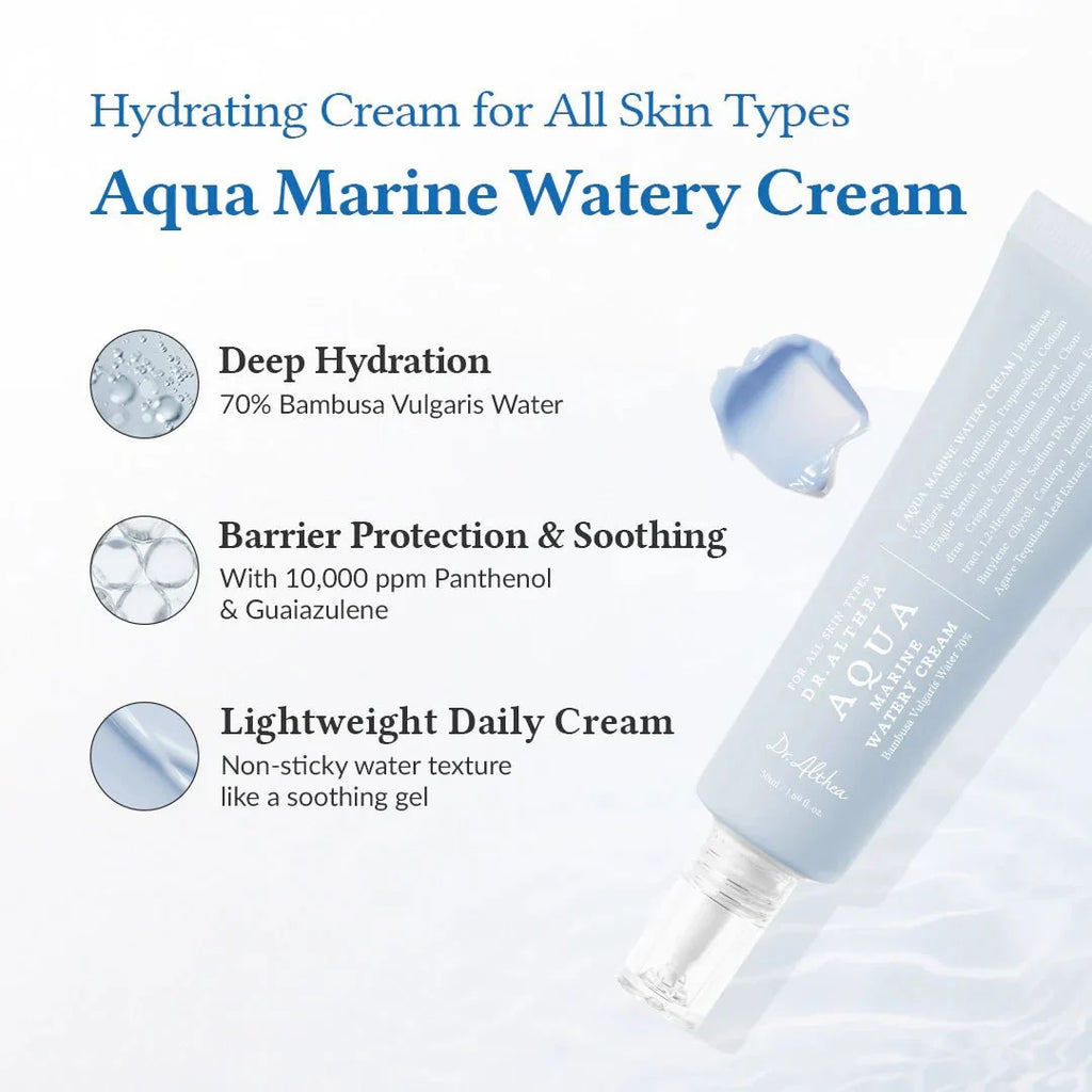 Lakinza Dr. Althea Aqua Marine Watery Cream 50ml jar with blue and white packaging, showcasing the hydrating cream inside.