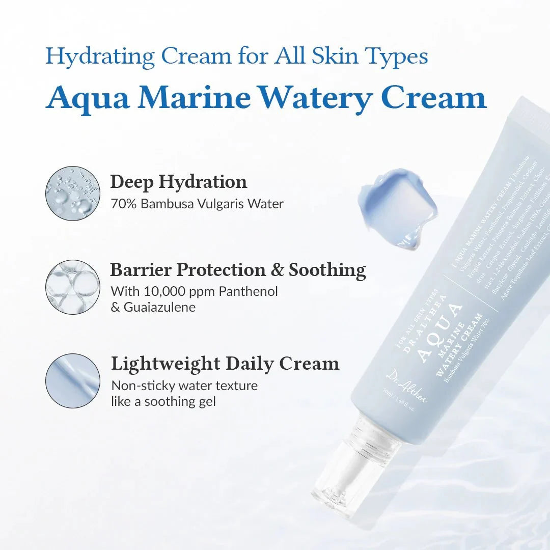 Lakinza Dr. Althea Aqua Marine Watery Cream 50ml jar with blue and white packaging, showcasing the hydrating cream inside.