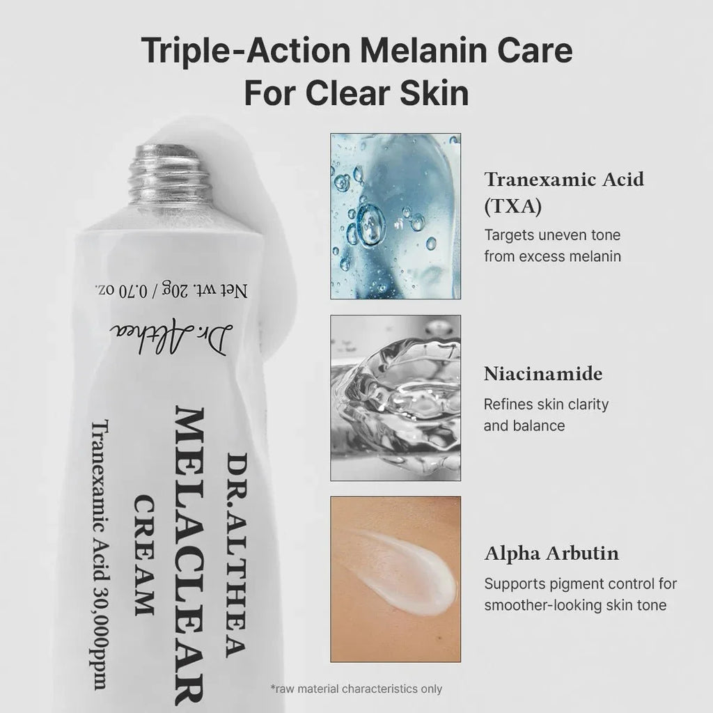 Dr.Althea Melaclear Cream 20g from Lakinza K-beauty, showing the white cream in a jar with a silver lid.