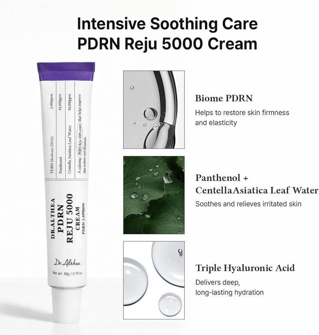 Lakinza Dr. Althea PDRN Reju 5000 cream in a 20g jar, K-beauty skincare product with a white and silver packaging design