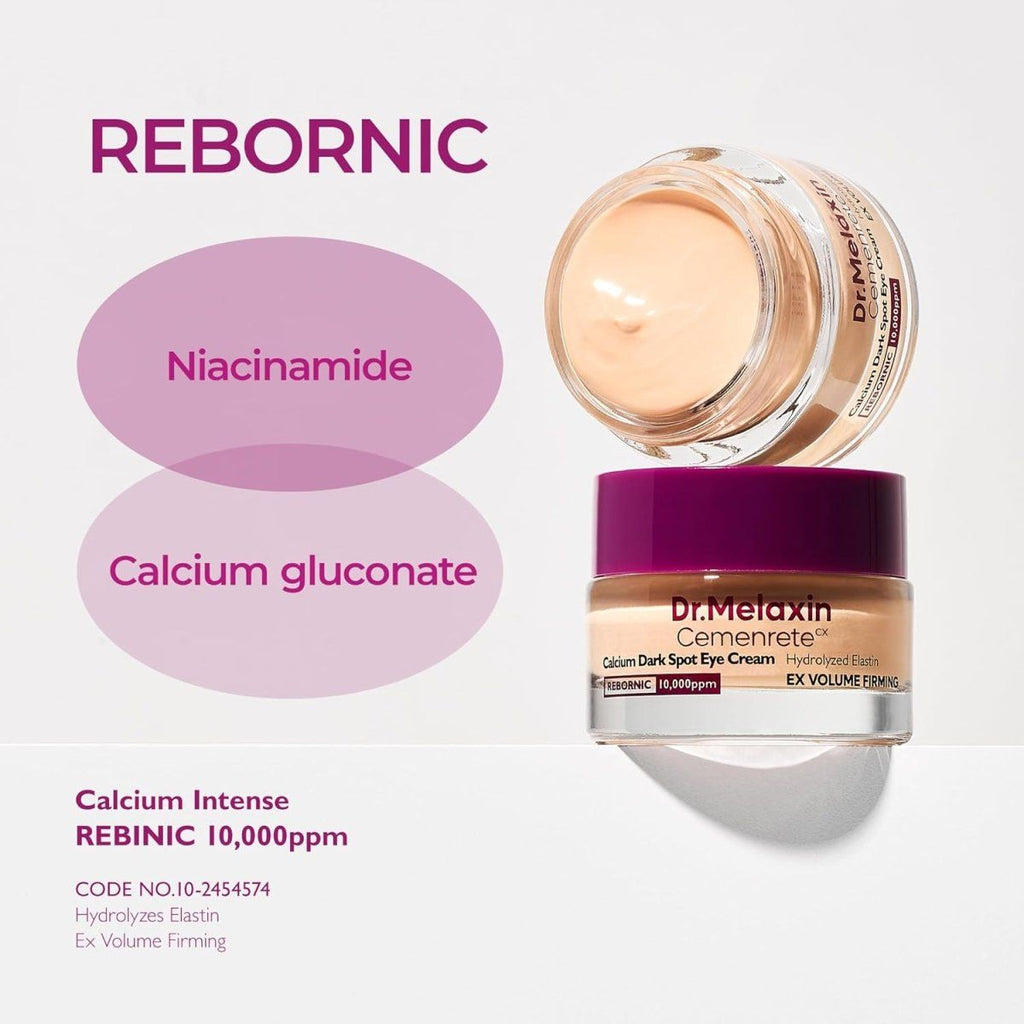 Lakinza Dr.Melaxin Cemenrete Calcium Dark Spot Eye Cream in 15g jar, showing the creamy eye treatment for dark spots and skin brightening.