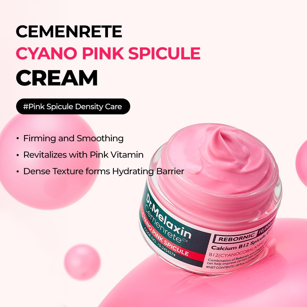 Lakinza K-beauty Dr.Melaxin Cemenrete Cyano Pink Spicule Cream 50ml in a white jar with pink accents, ready for skincare use.