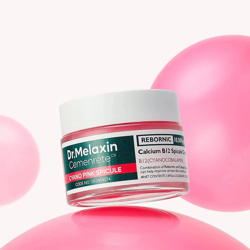 Lakinza K-beauty Dr.Melaxin Cemenrete Cyano Pink Spicule Cream 50ml in a sleek jar, highlighting the pink cream inside.
