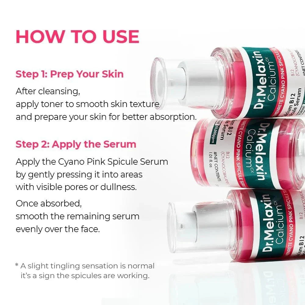 Lakinza K-beauty Dr.Melaxin Cemenrete Cyano Pink Spicule Serum 30ml, pink serum bottle with label, close-up view