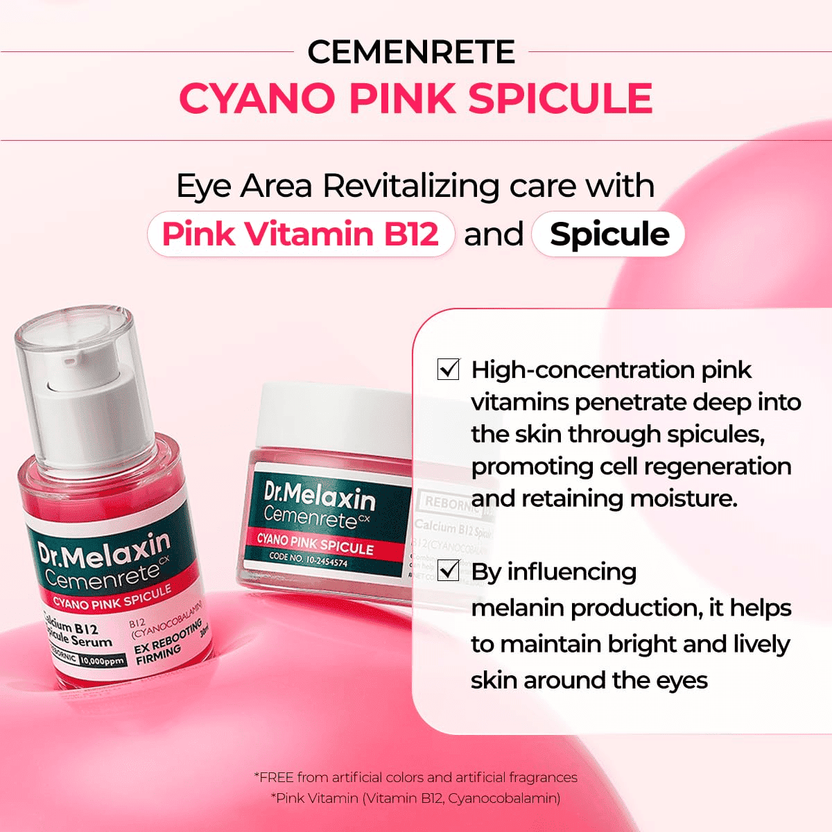 Lakinza K-beauty Dr.Melaxin Cemenrete Cyano Pink Spicule Serum 30ml in a sleek bottle, featuring a pink label and pump dispenser.