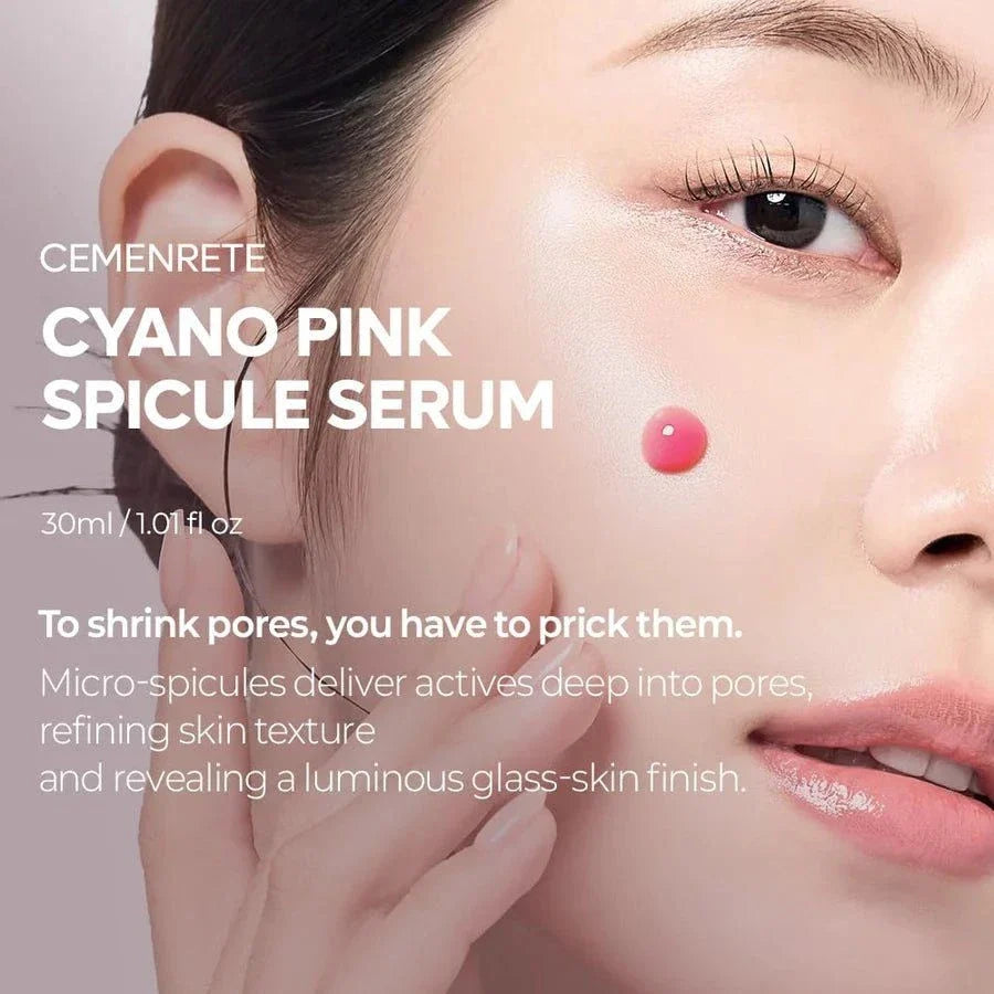 Lakinza K-beauty Dr.Melaxin Cemenrete Cyano Pink Spicule Serum 30ml bottle with pink and white label, showcasing the serum.