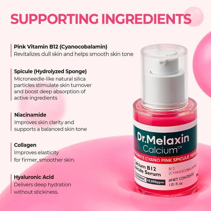 Lakinza K-beauty Dr. Melaxin Cemenrete Cyano Pink Spicule Serum 30ml in a clear glass bottle with a pump dispenser