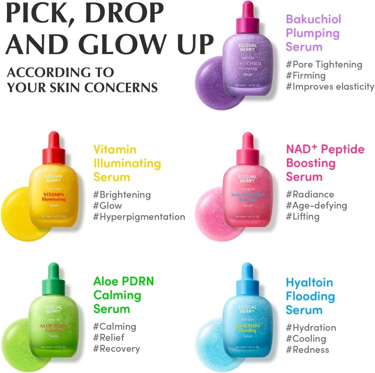Lakinza K-beauty Eqqualberry NAD+ Peptide Boosting Serum 30ml in a clear bottle with a dropper cap, designed for skincare.