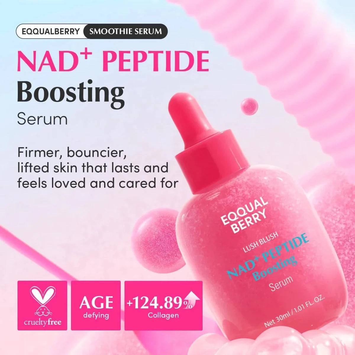 Lakinza K-beauty Eqqualberry NAD+ Peptide Boosting Serum 30ml in a clear glass bottle with a pump dispenser, on a white background