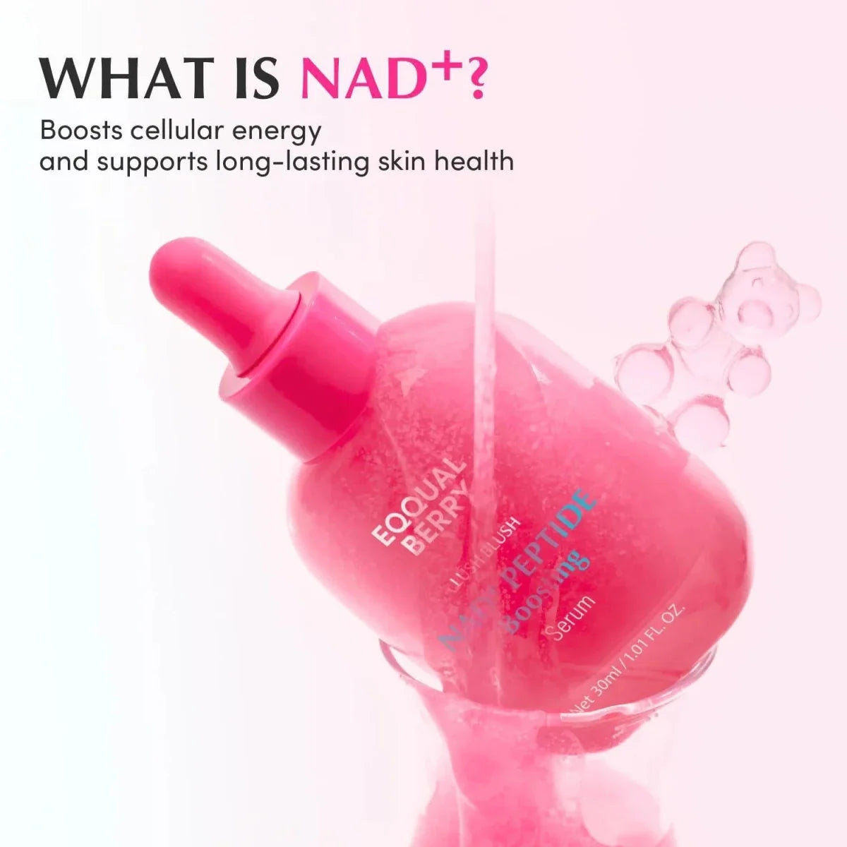Lakinza K-beauty Eqqualberry NAD+ Peptide Boosting Serum 30ml bottle with dropper for skincare.