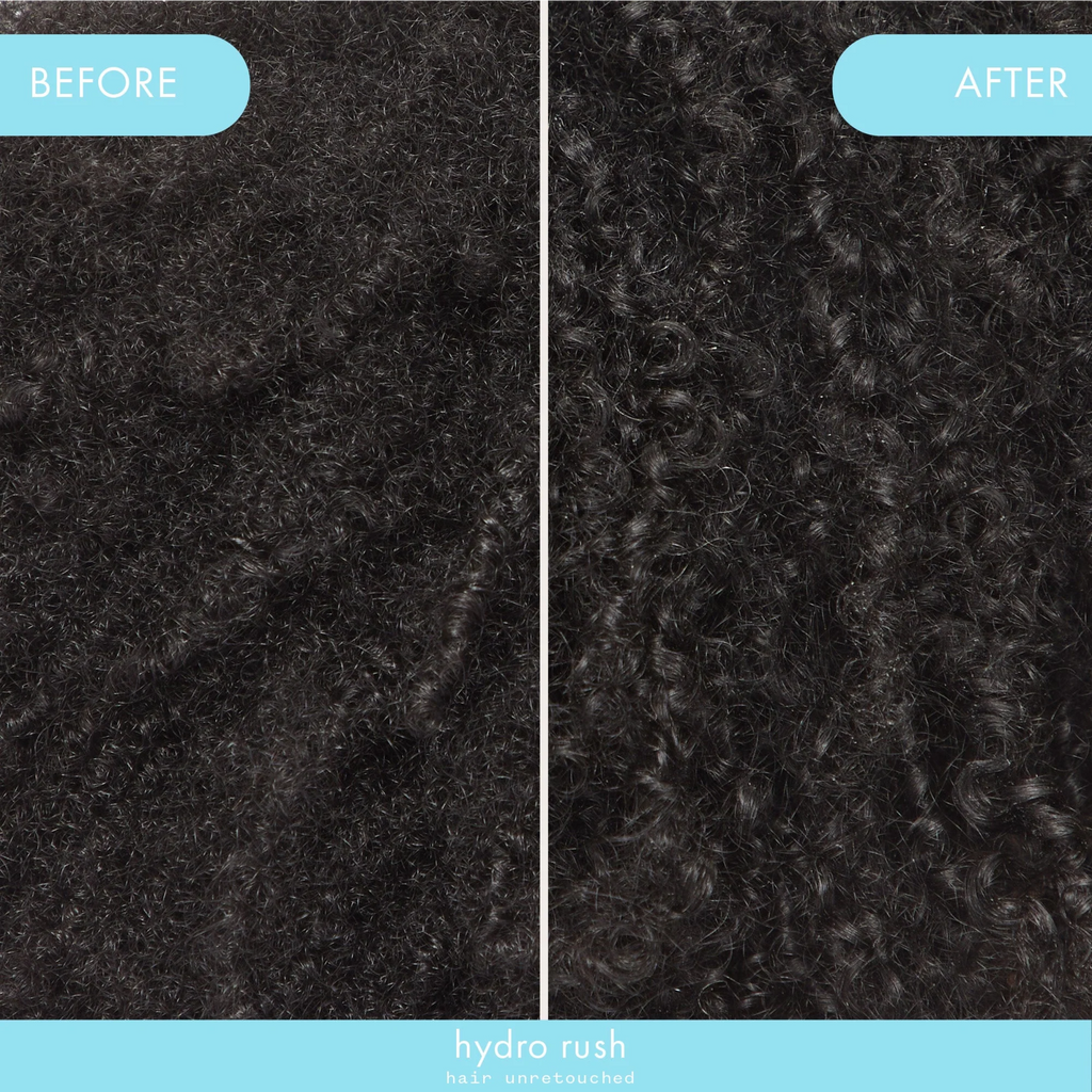 Wedoskin Amika Hydro Rush Intense Moisture Leave-In Conditioner bottle shown before and after use, highlighting its hydrating effects.