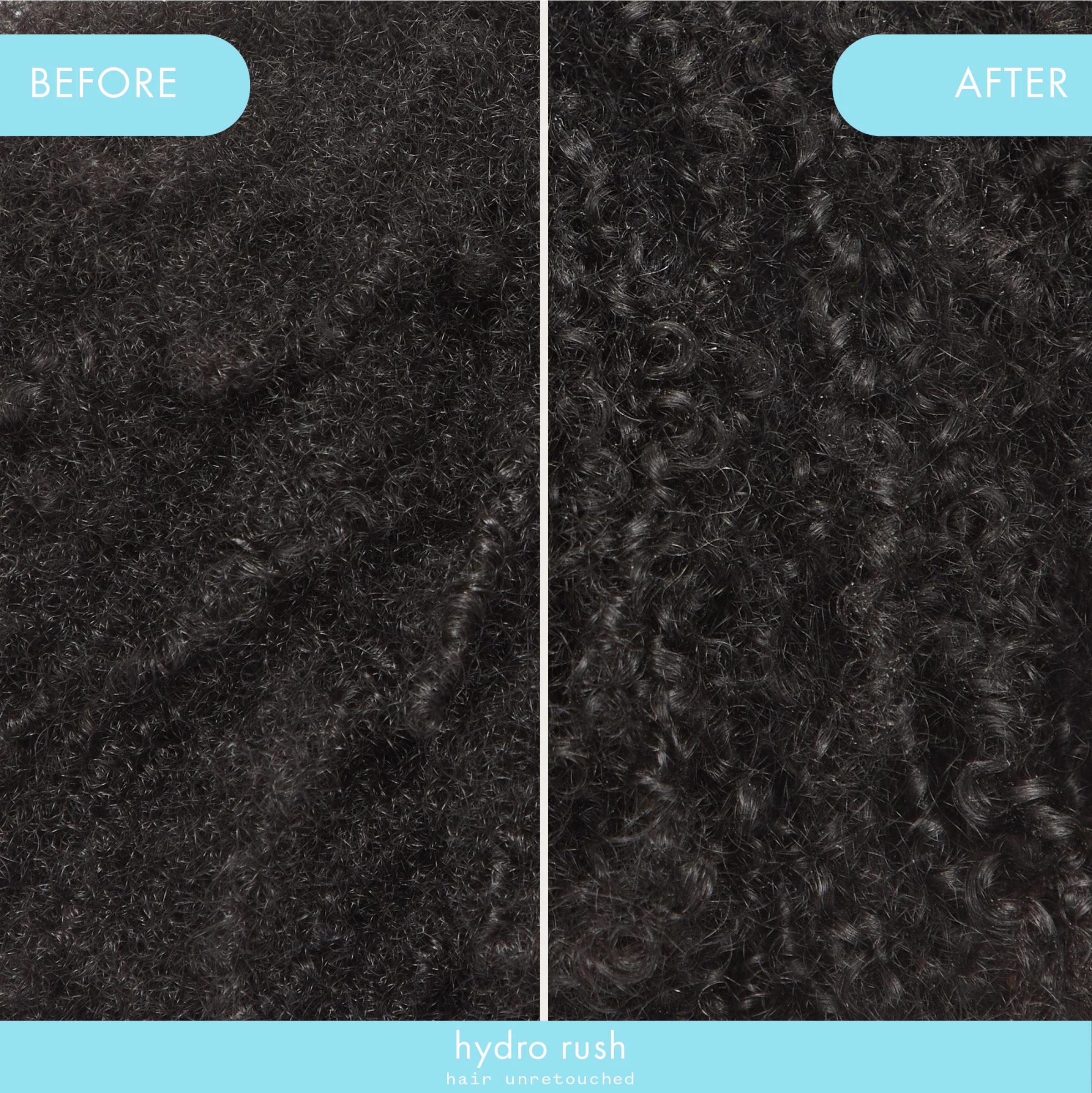 Wedoskin Amika Hydro Rush Intense Moisture Leave-In Conditioner bottle shown before and after use, highlighting its hydrating effects.