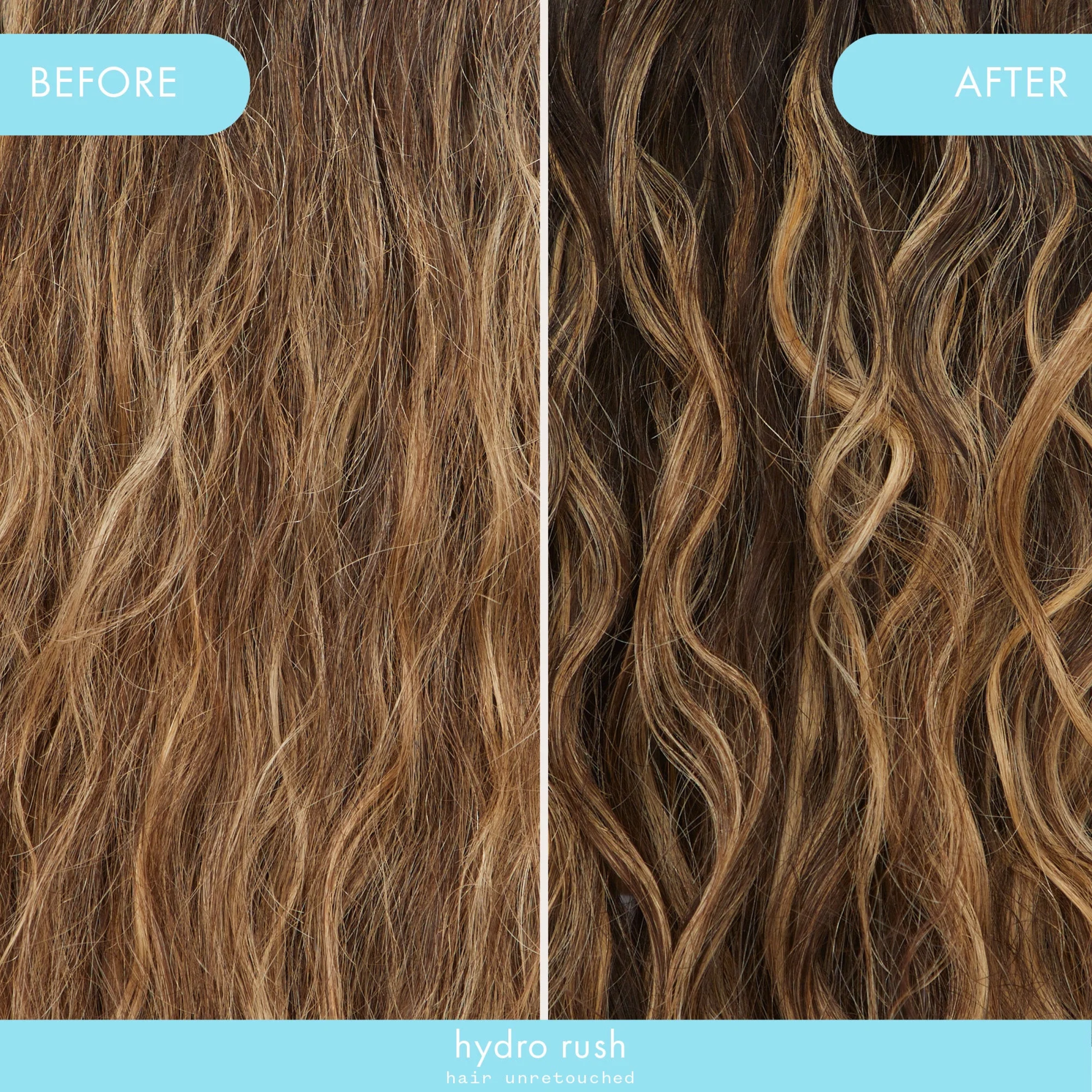 Before and after images of wedoskin Amika Hydro Rush Intense Moisture Leave-In Conditioner showing improved hair hydration and softness.