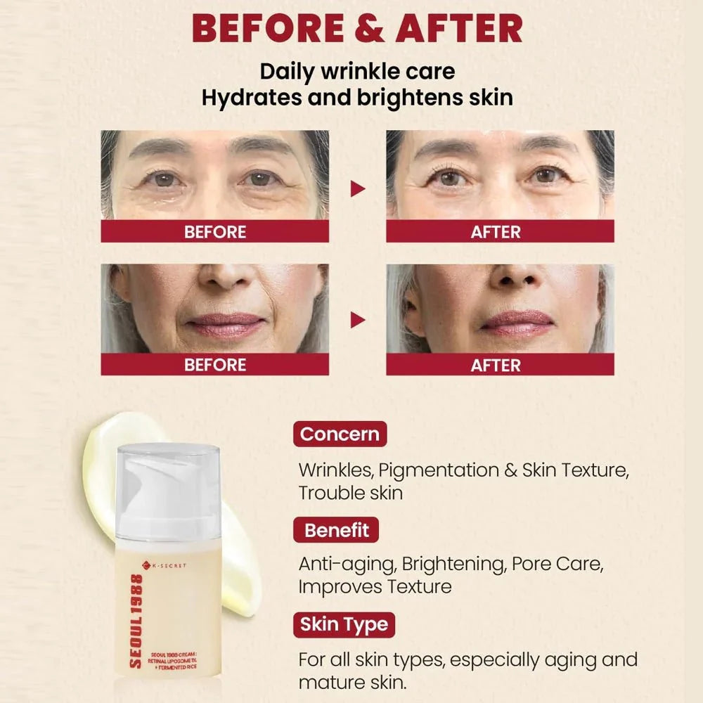 Lakinza K-beauty KSECRET SEOUL 1988 Cream with Retinal Liposome 1% and Fermented Rice in a 50ml jar, ideal for skincare.