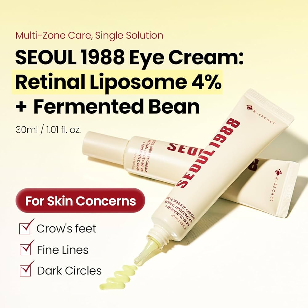 Lakinza K-beauty KSECRET SEOUL 1988 Eye Cream with retinal liposome and fermented bean extract in a 30ml jar.
