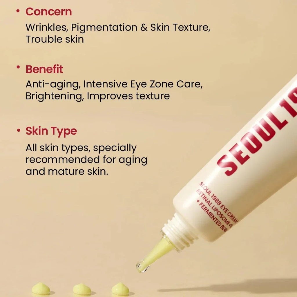 Lakinza K-beauty KSECRET SEOUL 1988 Eye Cream with Retinal Liposome 4% and Fermented Bean, 30ml, in a sleek jar.