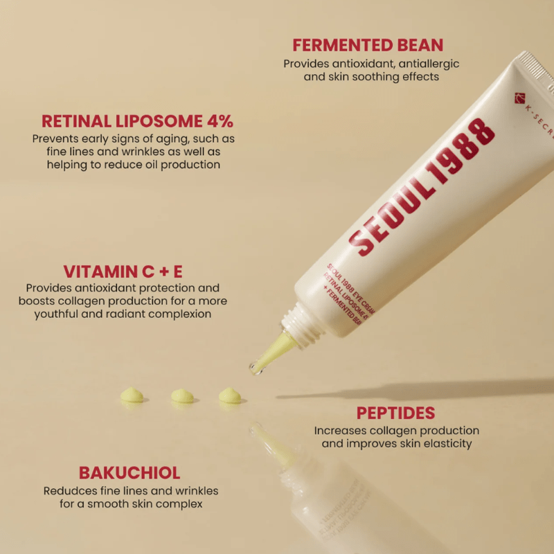 Lakinza K-beauty KSECRET SEOUL 1988 Eye Cream with retinal liposome 4% and fermented bean, 30ml, in a sleek tube.