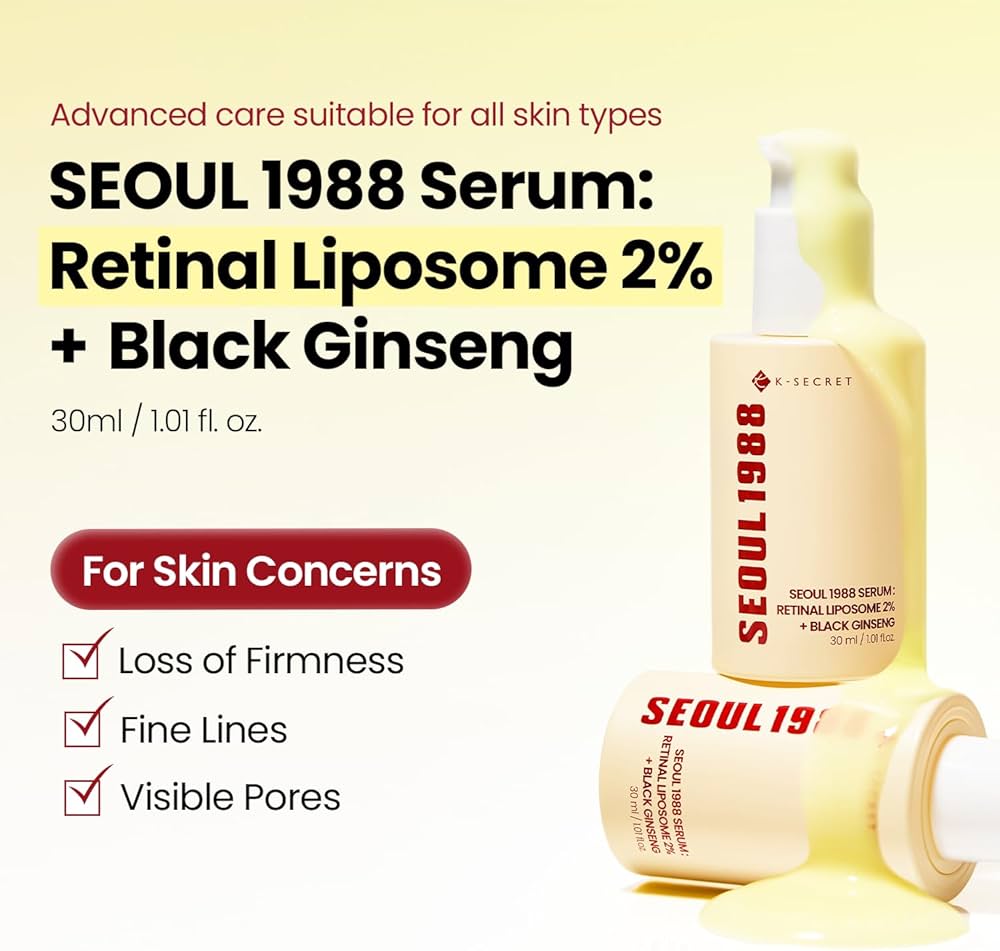 Lakinza K-beauty KSECRET SEOUL 1988 Serum with retinal liposome and black ginseng, 30ml bottle, vibrant product packaging.
