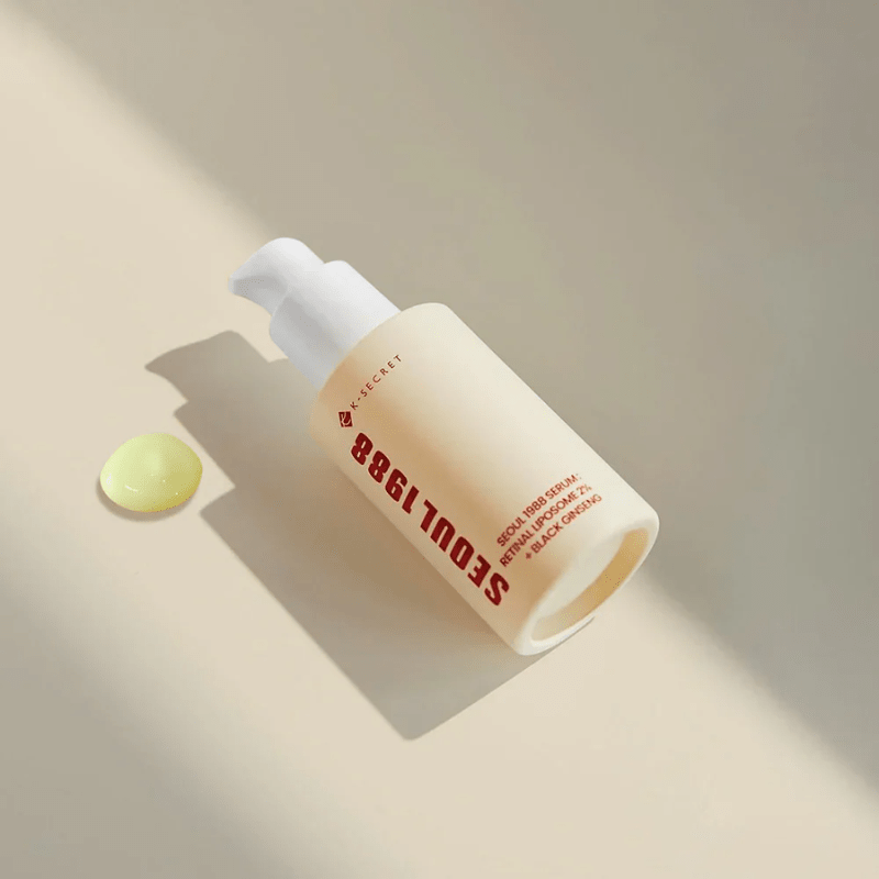 Lakinza K-beauty KSECRET SEOUL 1988 Serum with retinal liposome 2% and black ginseng in a 30ml bottle, skincare product.