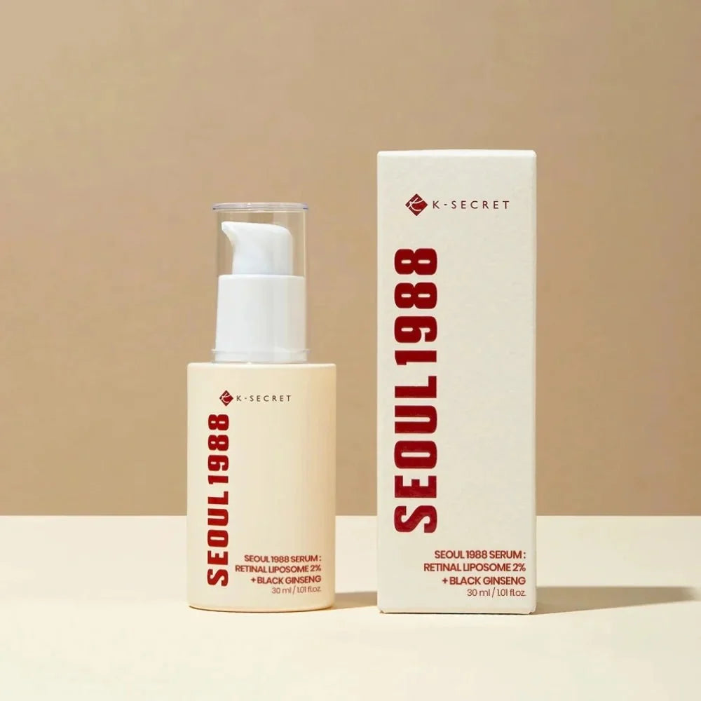 Lakinza K-beauty KSECRET SEOUL 1988 Serum with retinal liposome 2% and black ginseng, 30ml bottle, skincare product.