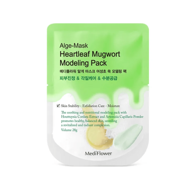 Lakinza K-beauty Medi Flower Alge Modeling Pack mask in 28g jar, featuring green algae for nourishing skincare treatment