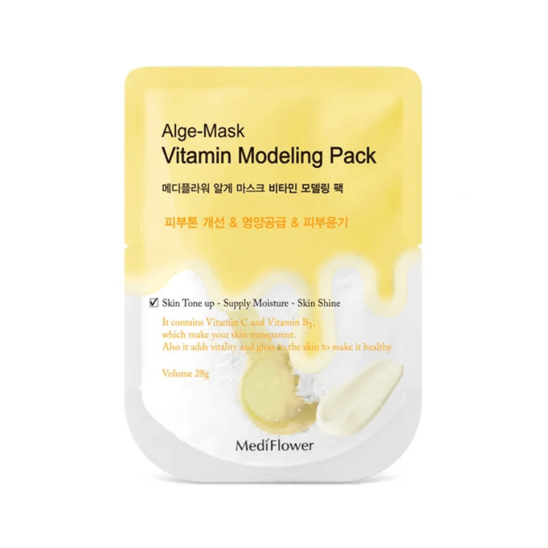 Lakinza K-beauty Medi Flower Alge Modeling Pack mask in 28g, showing the seaweed-based skincare mask in a container