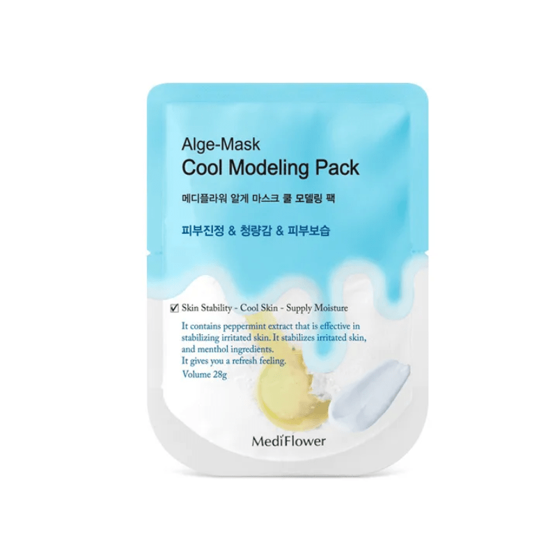 Lakinza K-beauty Medi Flower Alge Modeling Pack mask in a 28g container, featuring seaweed extract for skincare.