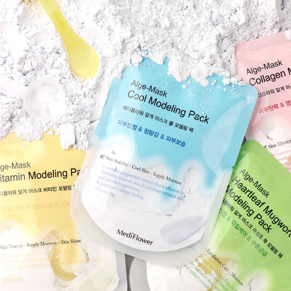 Lakinza K-beauty Medi Flower Alge Modeling Pack mask in 28g jar with seaweed ingredients for skincare.