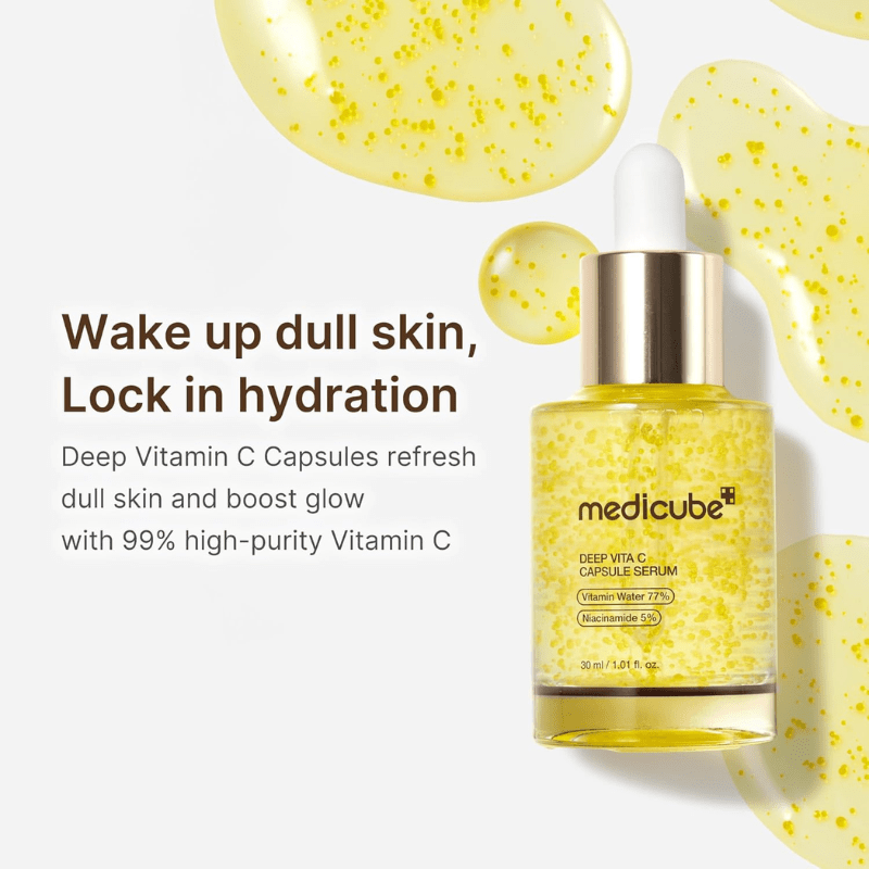 Lakinza K-beauty Medicube Deep Vita C Capsule Serum 30ml with orange capsules and sleek bottle for brightening skin.