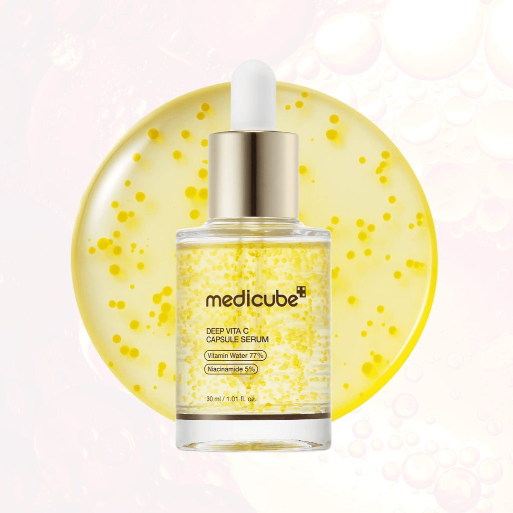 Lakinza Medicube Deep Vita C Capsule Serum 30ml in a sleek bottle, showcasing the vibrant product packaging and capsule design.