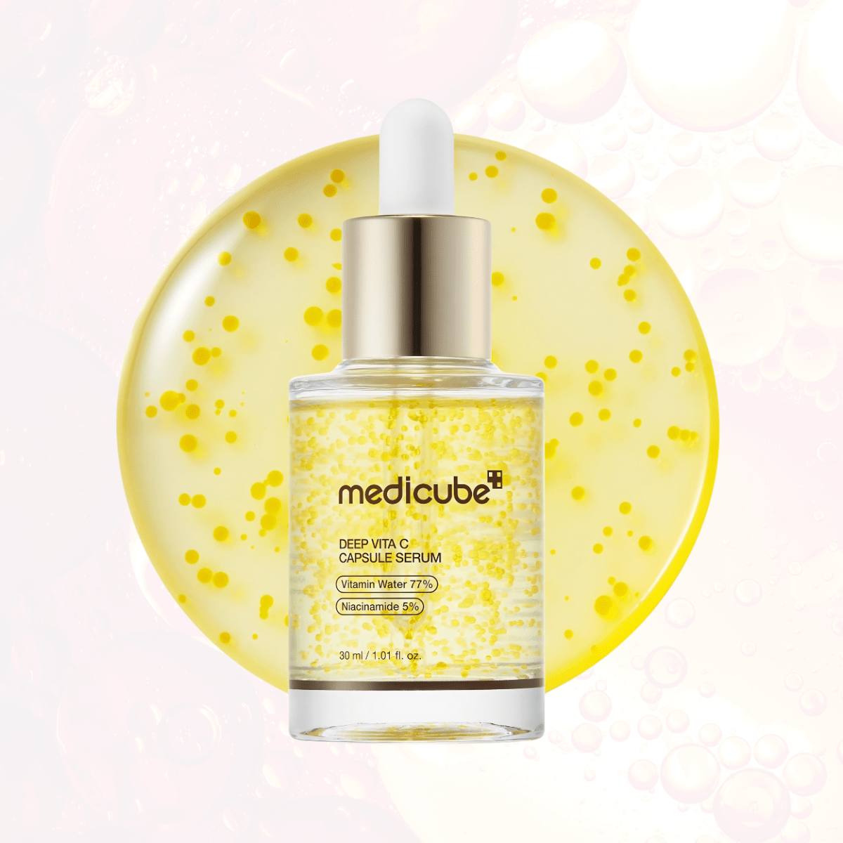Lakinza Medicube Deep Vita C Capsule Serum 30ml in a sleek bottle, showcasing the vibrant product packaging and capsule design.