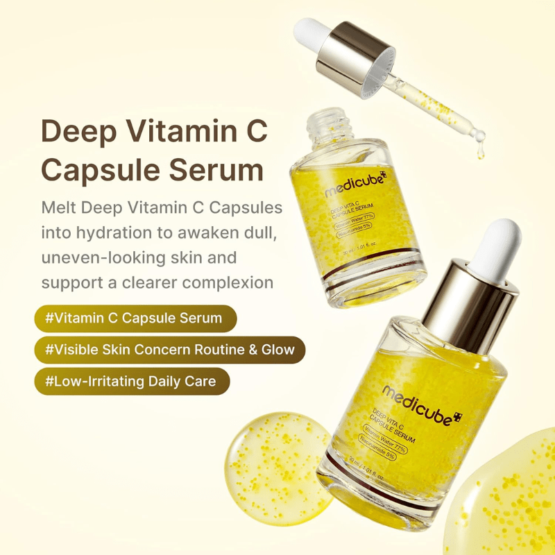 Lakinza Medicube Deep Vita C Capsule Serum 30ml with orange capsules and sleek bottle, skincare product for brightening and hydration.