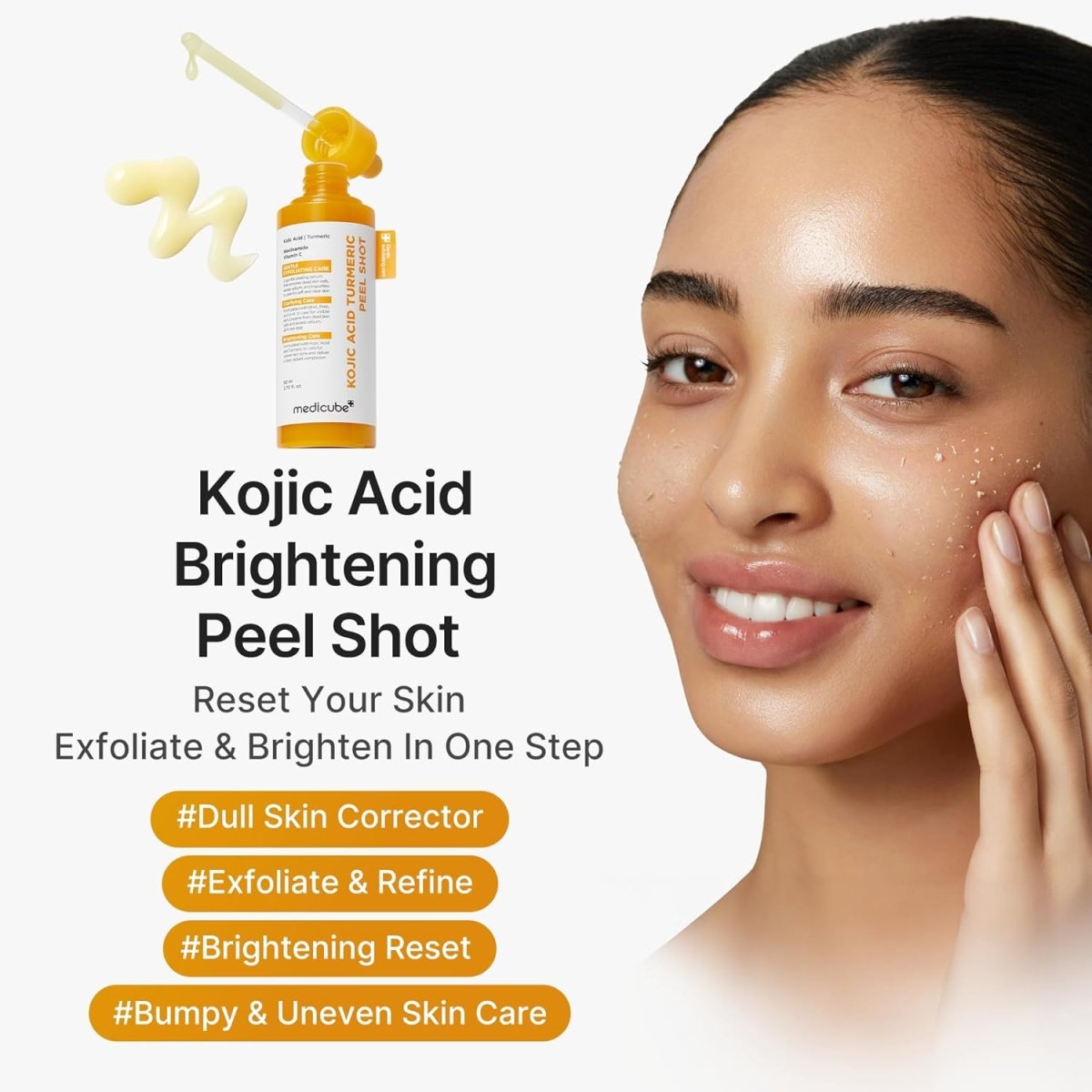 Lakinza K-beauty Medicube Kojic Acid Turmeric Peel Shot serum in an 80ml bottle, featuring a sleek packaging with a dropper.