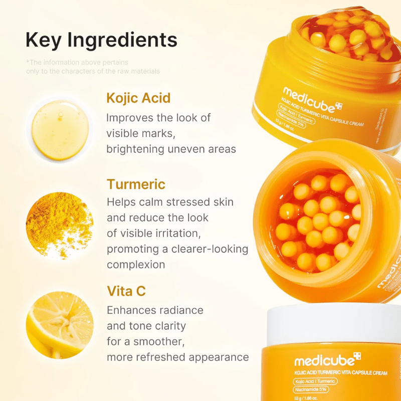 Lakinza Medicube Kojic Acid Turmeric Vita C capsule cream in 53g jar, showing the cream's smooth texture and product packaging.